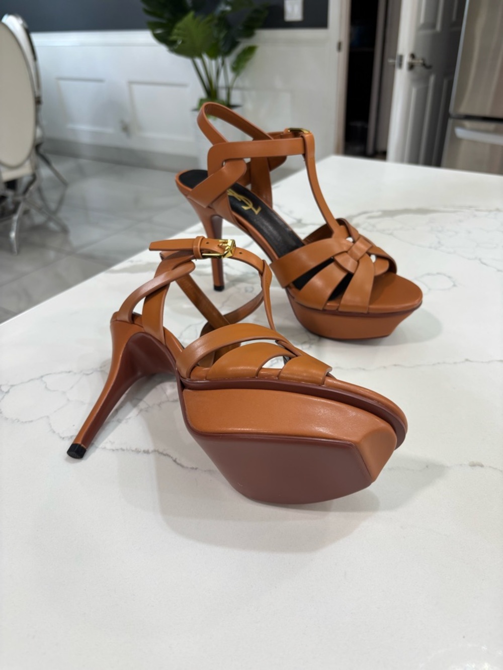 YSL Yves Saint Laurent Brown Leather Tribute Platform Sandals Stiletto Heel - Picture 10 of 10